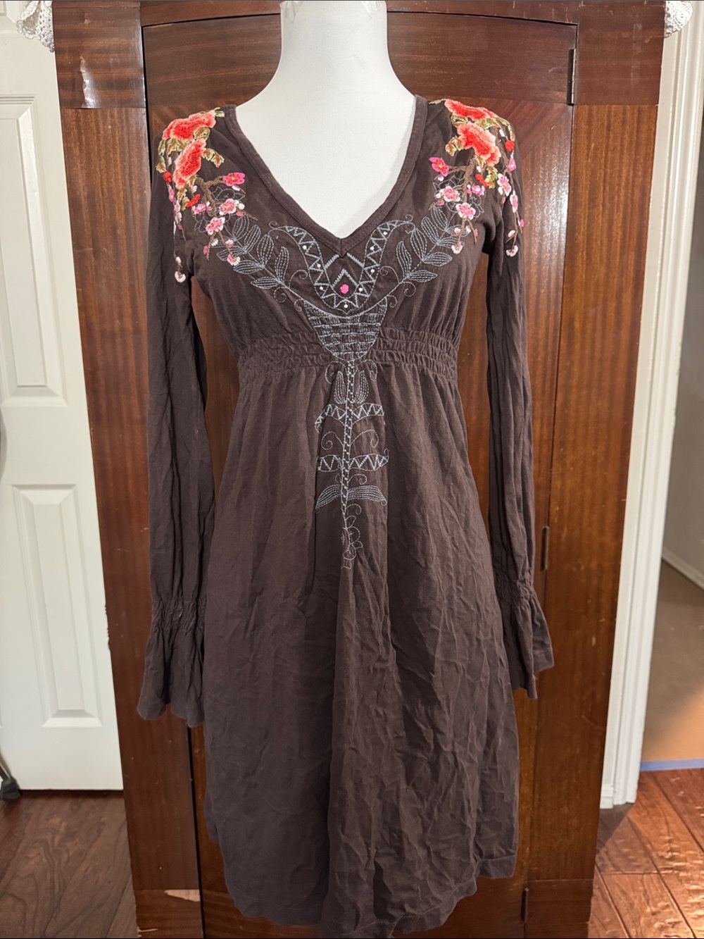 Johnny Was Embroidered Brown V-Neck Long Sleeve Dress